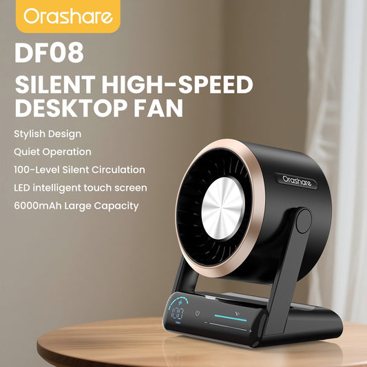 Orashare DF08 Portable Desk Fan 6000mAh USB Rechargeable Touch LED Display Quiet & Wall Mountable for Home Office